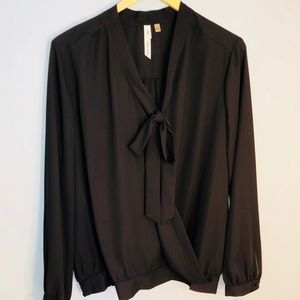 L Black Faux Wrap Blouse w/ Front Tie Bow NWT